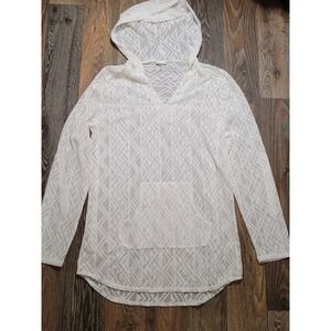 O'Rageous Womens White Geometric Lace Mesh Hoodie Swim Cover Up Large Pullover